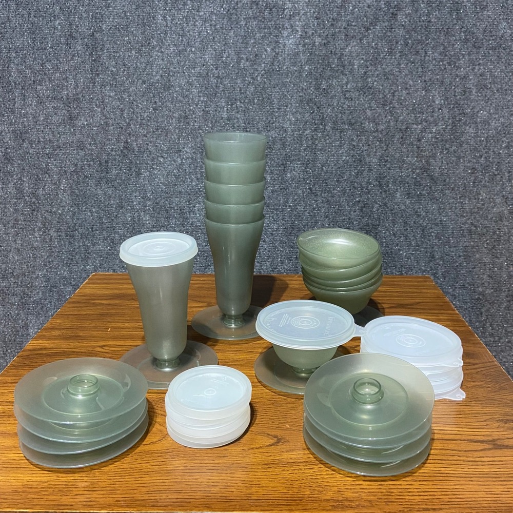 Vintage Tupperware‎ Parfait Dessert Cups Set of 12 Smoke Gray Bases Lids MCM